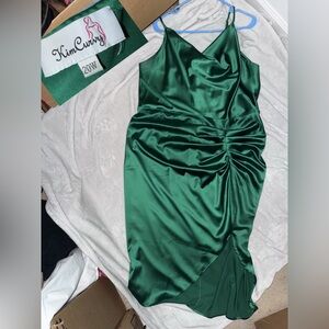 Ruched Satin Dress in Emerald Green